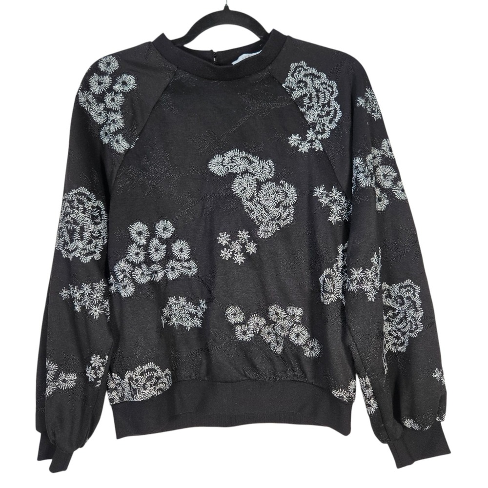 Pearl By Lela Rose Sweatshirt Womens sz S Black Floral Embroidered Jersey Witchy